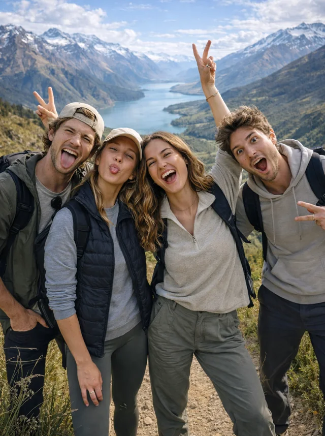 Four friends posing together on a mountain hike